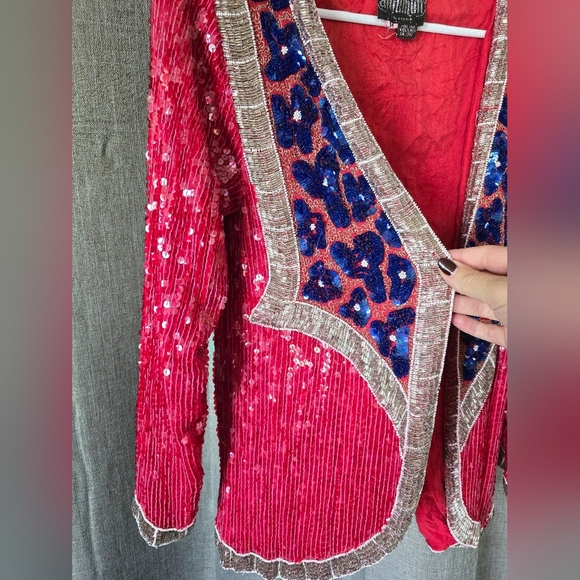 Anjumun California Vtg 70s Sequin Jacket Pink W/ Leopard Print Size M - Picture 2 of 5